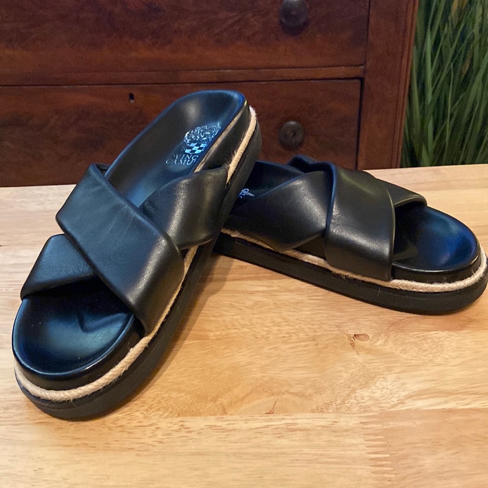 Vince Camuto Black Leather Crisscross Slide Sandals